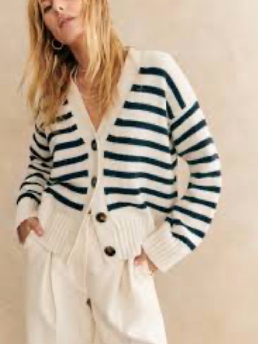 Sézane Wilson Cardigan Striped V-Neck Button Front Sweater - Ecru/Navy S